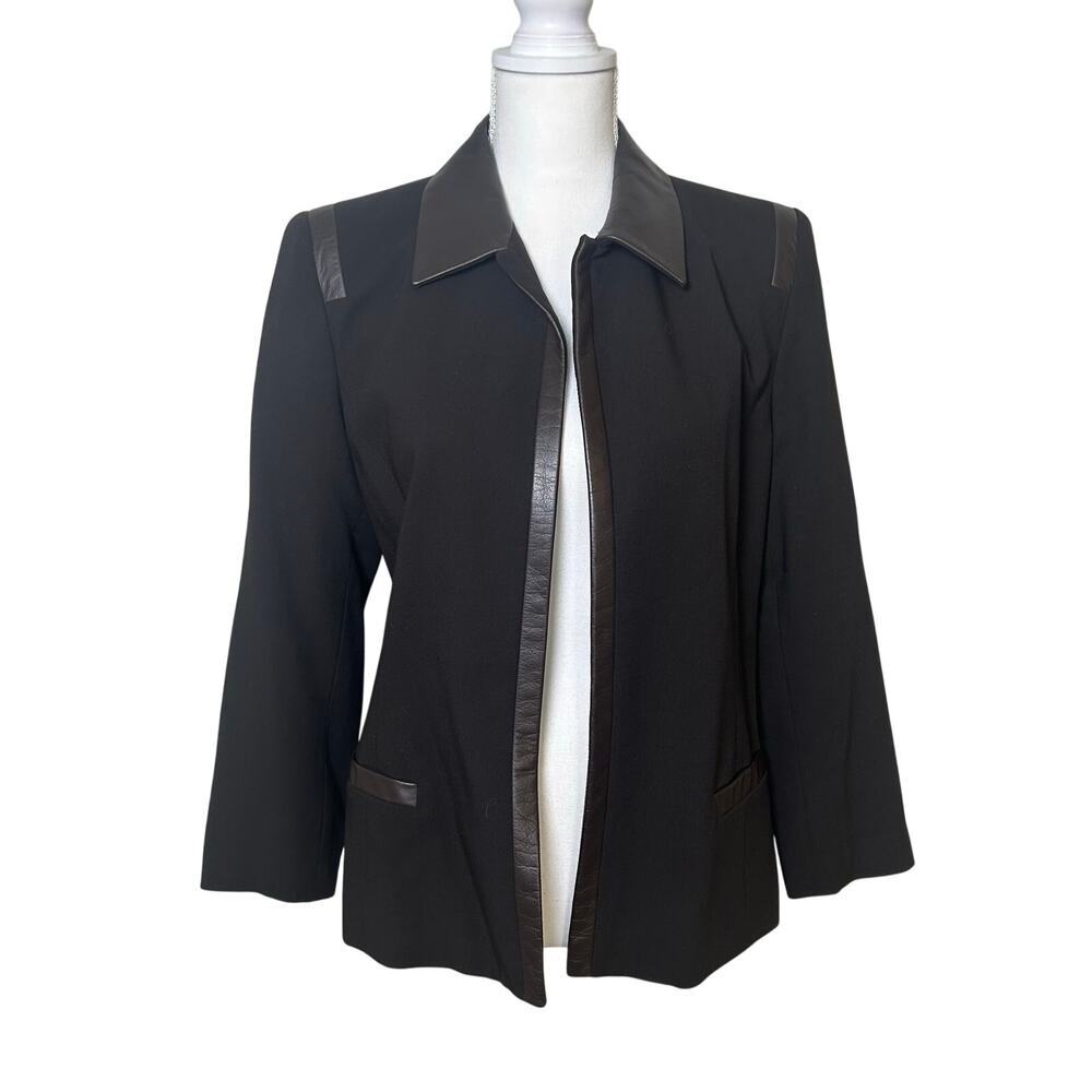 Dana Buchman chocolate brown wool and leather trim open blazer size 8